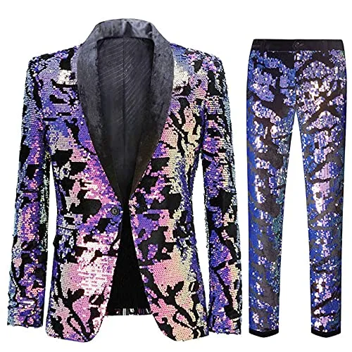 CARFFIV Herren Modische Blumenmuster Pailletten Zweiteiler Set Anzüge XS Map Purple, XS Map Purple