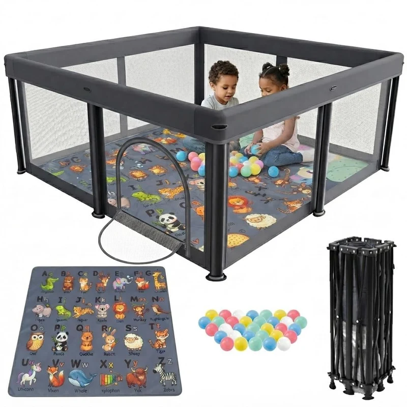 Baby Laufstall faltbar 127x127 cm mit Matte – Tragbares Laufgitter für Babys & Kleinkinder, inkl. 50