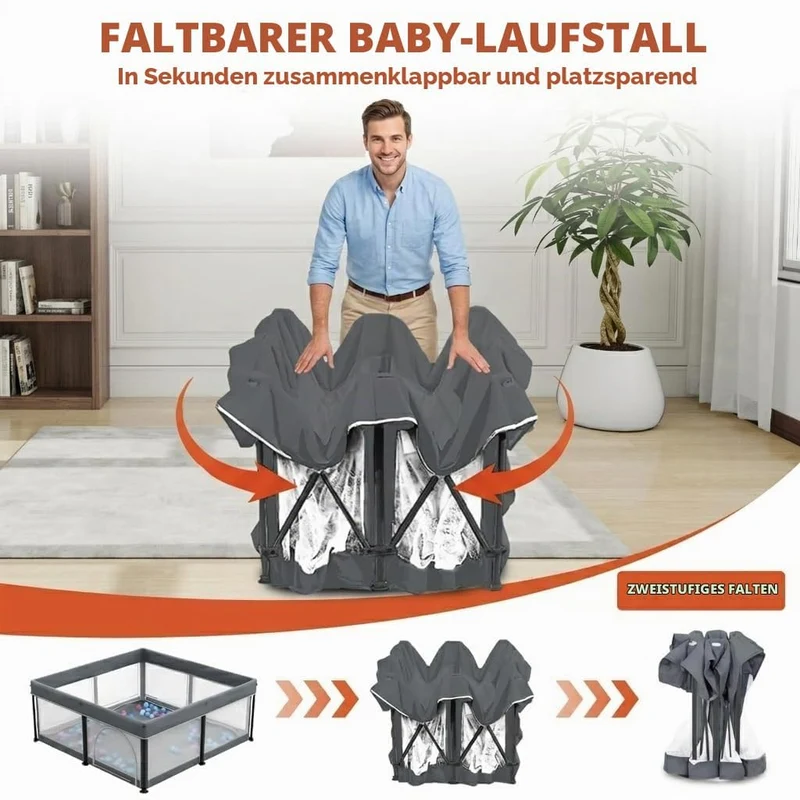 Baby Laufstall faltbar 127x127 cm mit Matte – Tragbares Laufgitter für Babys & Kleinkinder, inkl. 50
