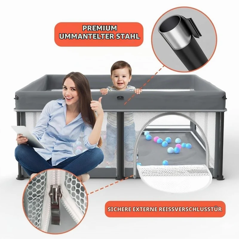 Baby Laufstall faltbar 127x127 cm mit Matte – Tragbares Laufgitter für Babys & Kleinkinder, inkl. 50