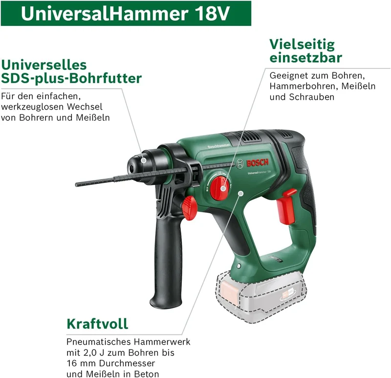 Bosch Akku-Bohrhammer UniversalHammer 18V (1x Akku 2,5 Ah; 18 Volt System; zum Bohren, Hammerbohren,