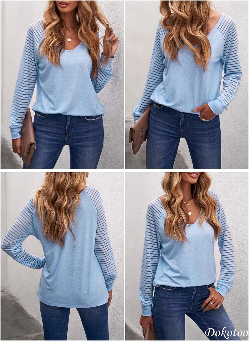 Dokotoo Damen Oberteile Streifen Mesh Langarmshirt Casual V-Ausschnitt Bluse Shirt Tops S-XXL M A Hi