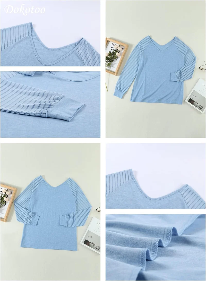 Dokotoo Damen Oberteile Streifen Mesh Langarmshirt Casual V-Ausschnitt Bluse Shirt Tops S-XXL M A Hi