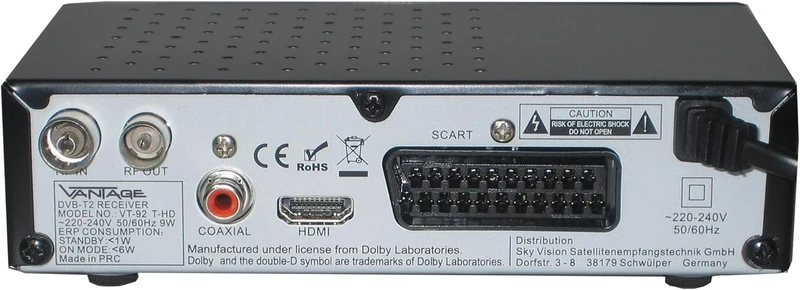 Vantage VT-92 T-HD Receiver (DVB T2, HEVC, Display, USB, HDMI, SCART, Mediaplayer) schwarz Single, S