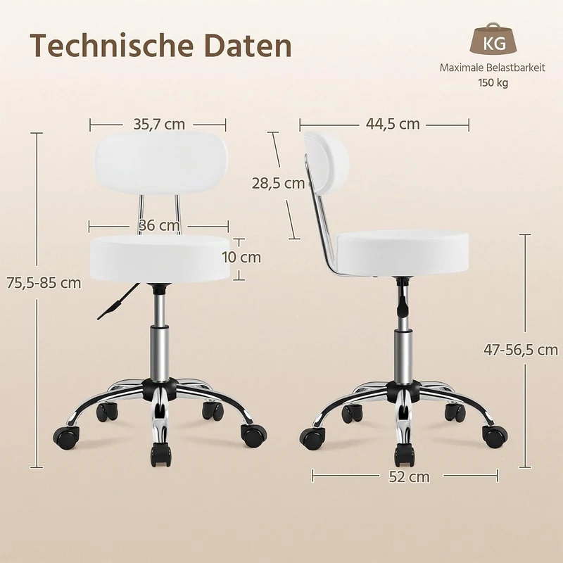 Yaheetech Rollhocker Arbeitshocker mit Rückenlehne Höhenverstellbarer 75-85 Weiss mit Rückenlehne, W