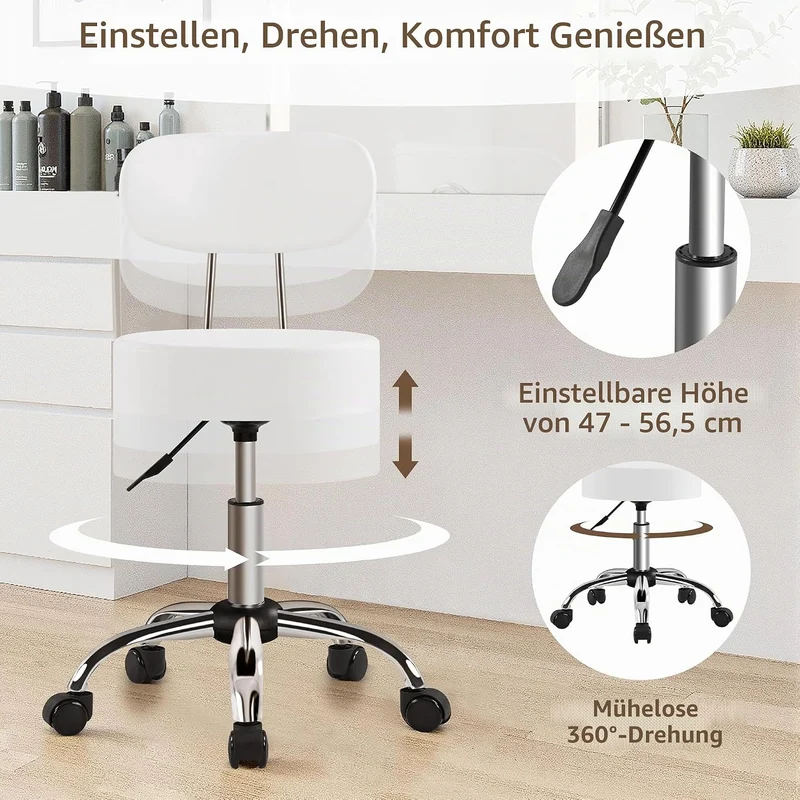 Yaheetech Rollhocker Arbeitshocker mit Rückenlehne Höhenverstellbarer 75-85 Weiss mit Rückenlehne, W