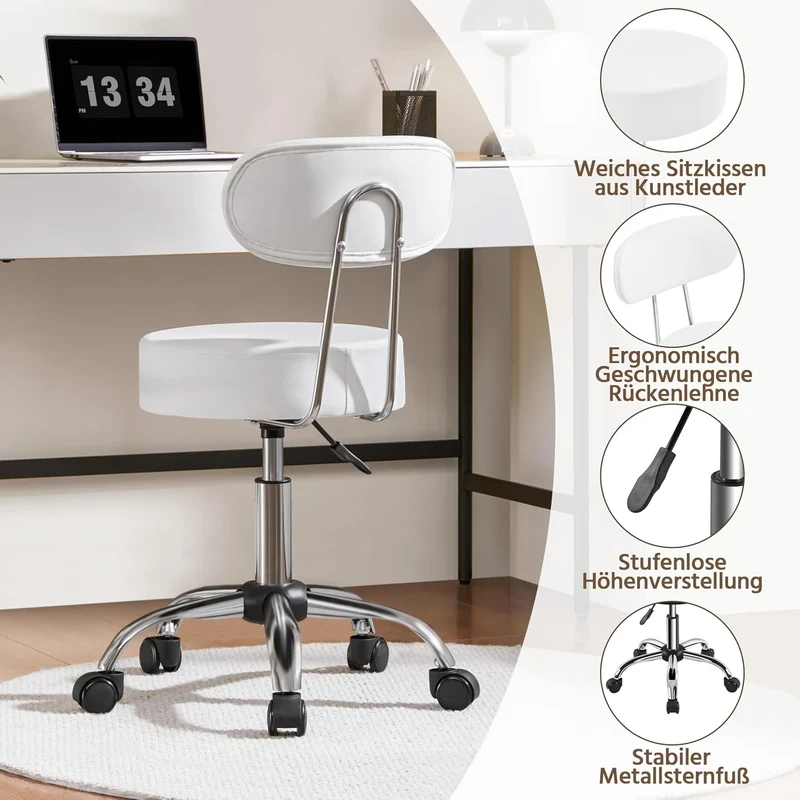 Yaheetech Rollhocker Arbeitshocker mit Rückenlehne Höhenverstellbarer 75-85 Weiss mit Rückenlehne, W