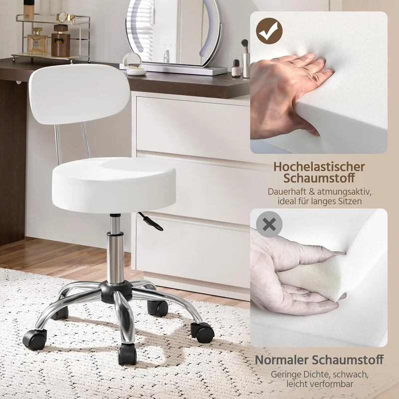 Yaheetech Rollhocker Arbeitshocker mit Rückenlehne Höhenverstellbarer 75-85 Weiss mit Rückenlehne, W