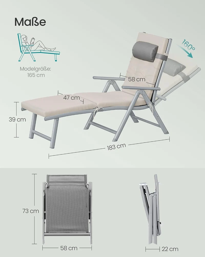 SONGMICS Sonnenliege, klappbar, Liegestuhl mit 6 cm dickem Polster Sandbeige, Sandbeige