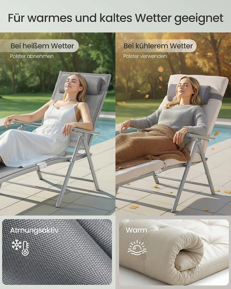 SONGMICS Sonnenliege, klappbar, Liegestuhl mit 6 cm dickem Polster Sandbeige, Sandbeige