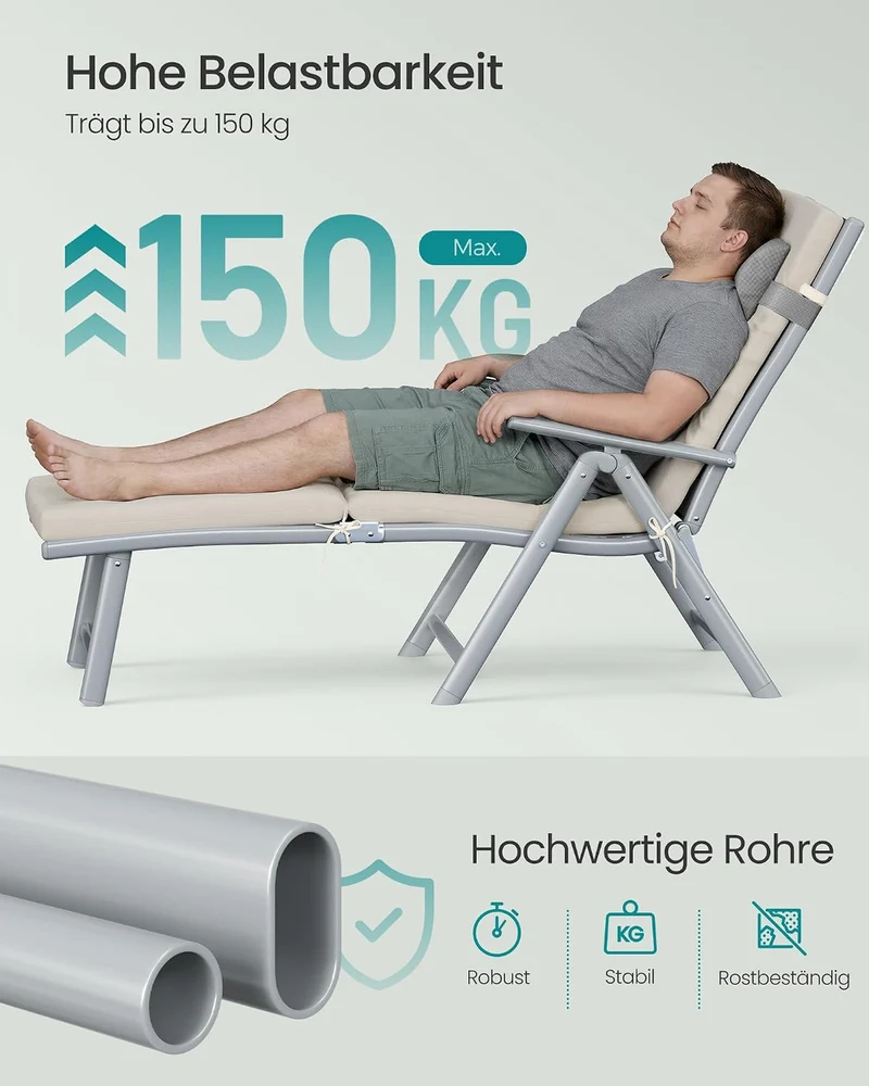 SONGMICS Sonnenliege, klappbar, Liegestuhl mit 6 cm dickem Polster Sandbeige, Sandbeige