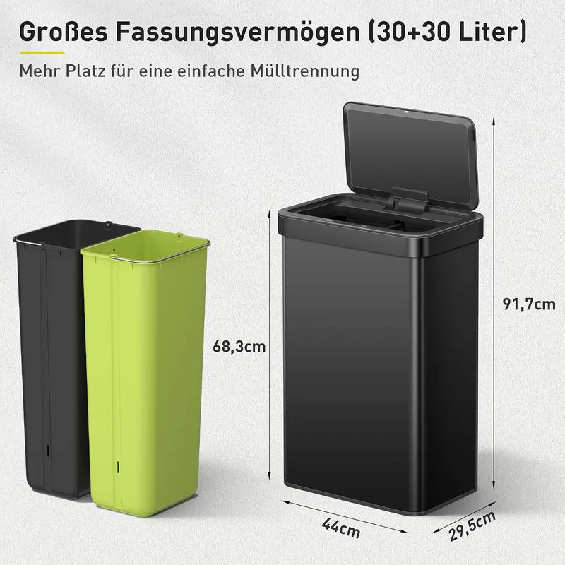 EKO Sensor Mülleimer 2 Fächer, 2 x 30L, elektrischer Mülleimer, Mattschwarz 30L+30L-Schwarz, 30L+30L