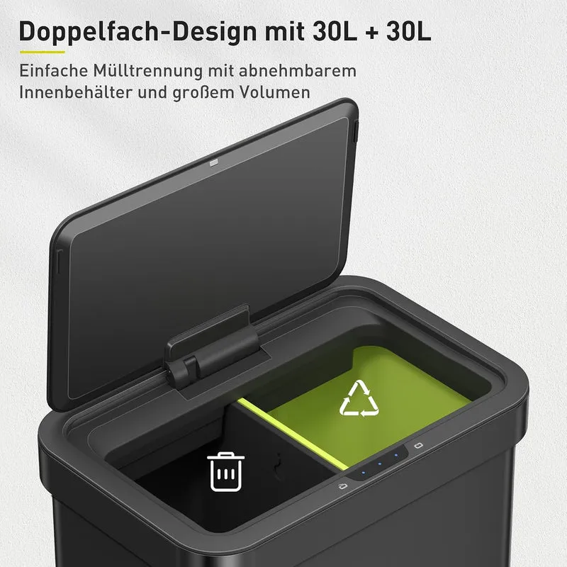 EKO Sensor Mülleimer 2 Fächer, 2 x 30L, elektrischer Mülleimer, Mattschwarz 30L+30L-Schwarz, 30L+30L