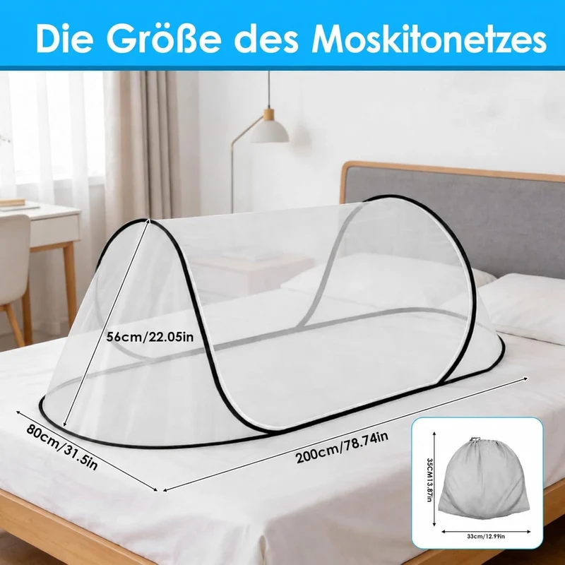 Pop-Up Moskitonetz fürs Bett, 200 x 80 x 56 cm, faltbar, Schwarz