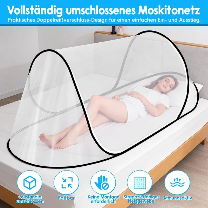 Pop-Up Moskitonetz fürs Bett, 200 x 80 x 56 cm, faltbar, Schwarz