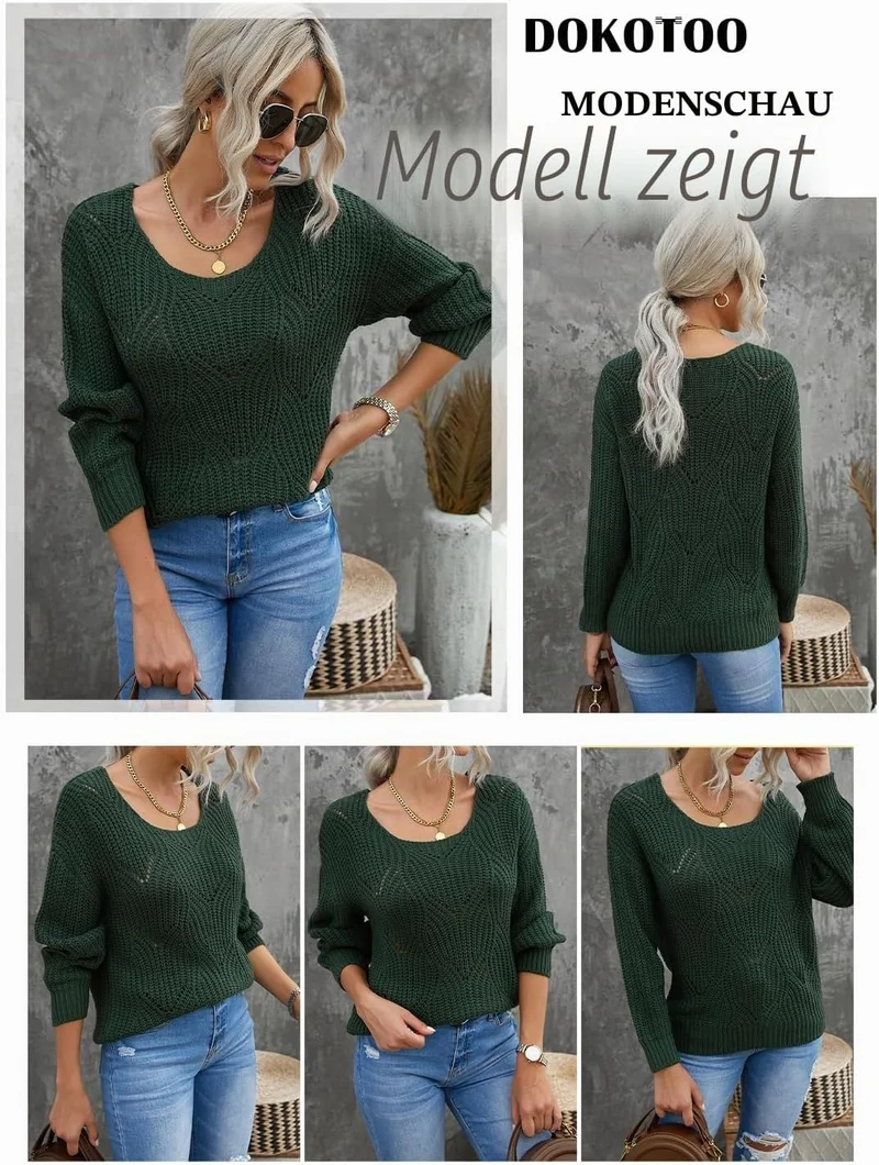 Dokotoo Damen Strickpullover Elegant Rundhals Pullover Herbst Winter Einfarbiger Pulli Oberteil Swea