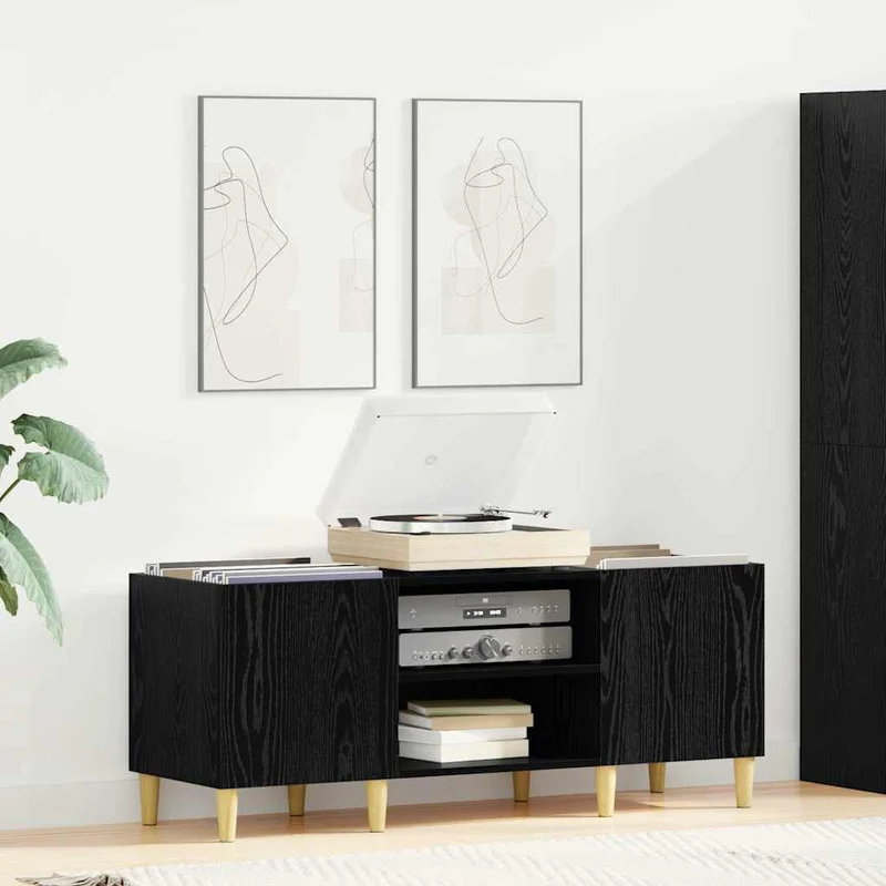 Schallplattenschrank 121 x 38 x 48 cm Holzwerkstoff mit Scharniertüren für Wohnzimmer, Stauraum, Mus