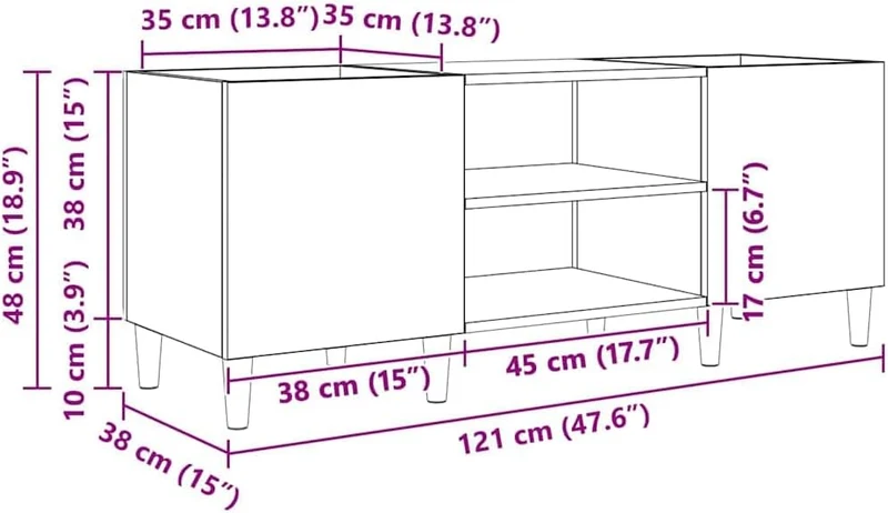 Schallplattenschrank 121 x 38 x 48 cm Holzwerkstoff mit Scharniertüren für Wohnzimmer, Stauraum, Mus