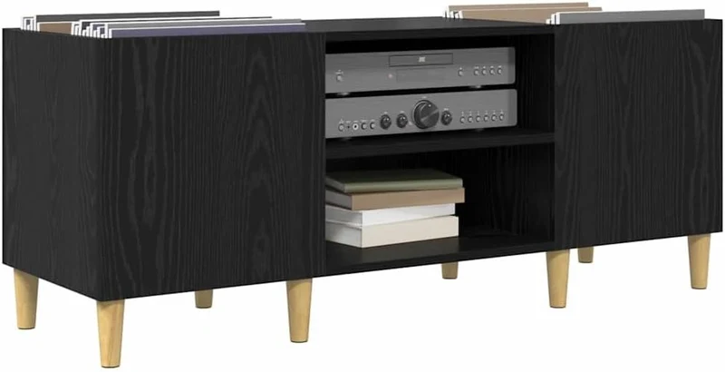 Schallplattenschrank 121 x 38 x 48 cm Holzwerkstoff mit Scharniertüren für Wohnzimmer, Stauraum, Mus