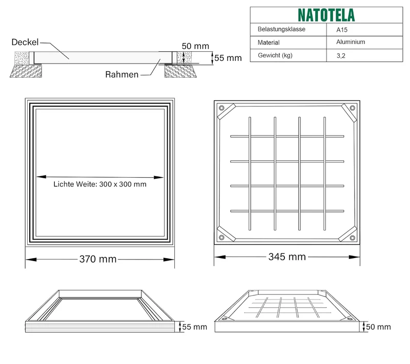 Schachtabdeckung Alu Lichte Weite: 300 x 300 mm | Höhe: 55 mm, Lichte Weite: 300 x 300 mm