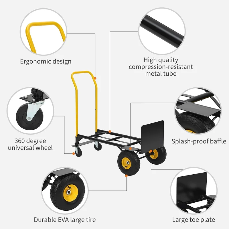 2-in-1 Schwerlast-Transportkarre/Sackkarre & Plattformwagen Schwarz + Gelb 180kg, Schwarz + Gelb 180
