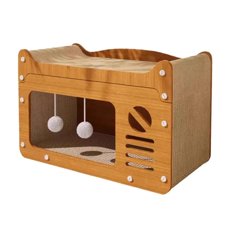 Katzenkratzhaus aus Holz im TV-Design Gelb mit Spielball – 2-in-1 Katzenhaus & Kratzmöbel, Robustes