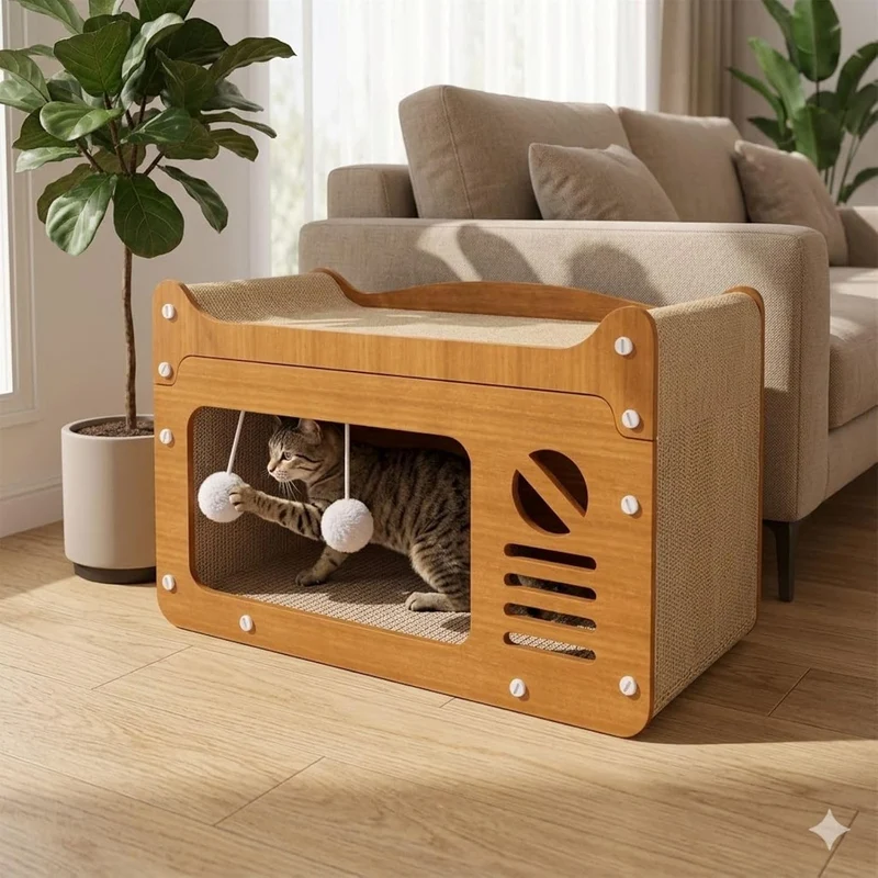 Katzenkratzhaus aus Holz im TV-Design Gelb mit Spielball – 2-in-1 Katzenhaus & Kratzmöbel, Robustes