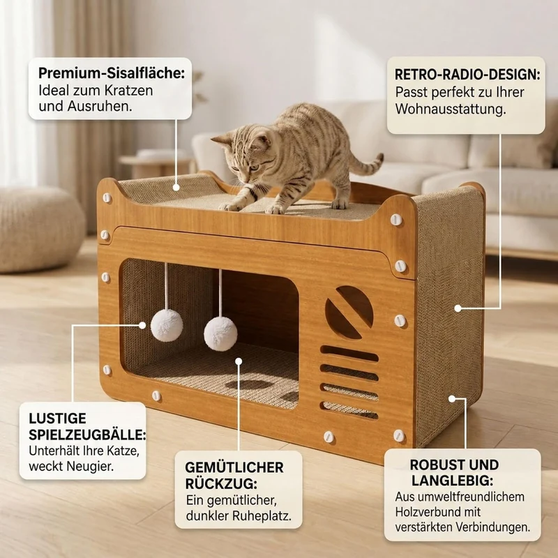 Katzenkratzhaus aus Holz im TV-Design Gelb mit Spielball – 2-in-1 Katzenhaus & Kratzmöbel, Robustes