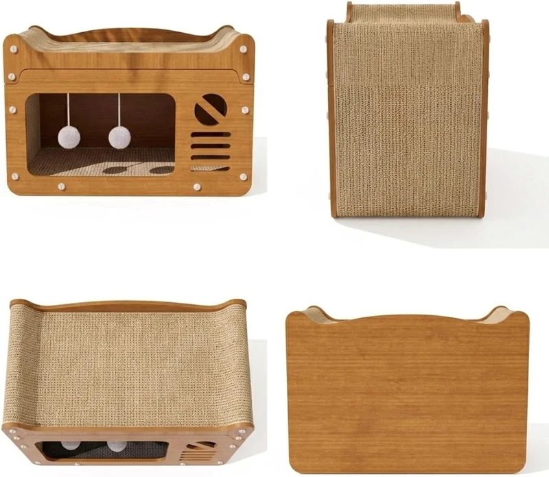 Katzenkratzhaus aus Holz im TV-Design Gelb mit Spielball – 2-in-1 Katzenhaus & Kratzmöbel, Robustes