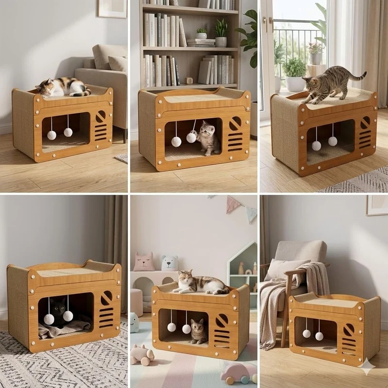 Katzenkratzhaus aus Holz im TV-Design Gelb mit Spielball – 2-in-1 Katzenhaus & Kratzmöbel, Robustes