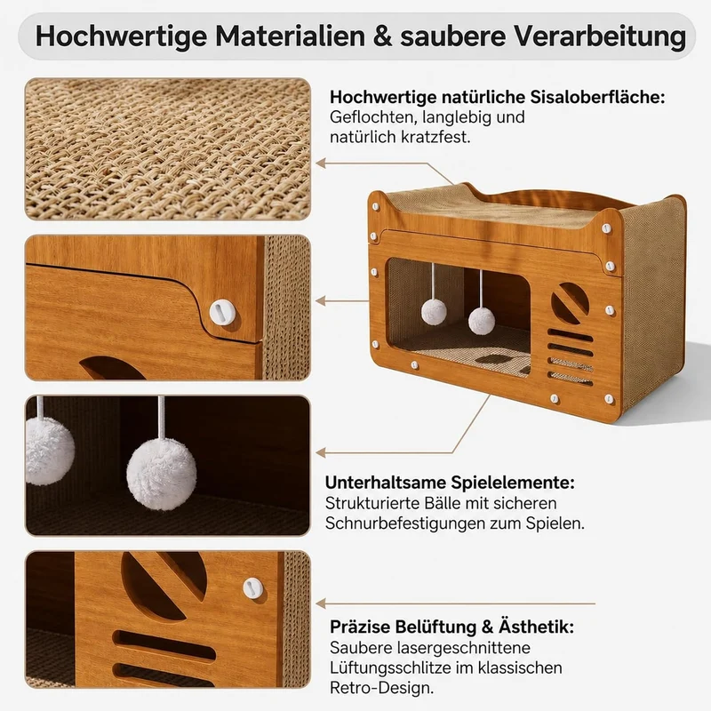 Katzenkratzhaus aus Holz im TV-Design Gelb mit Spielball – 2-in-1 Katzenhaus & Kratzmöbel, Robustes