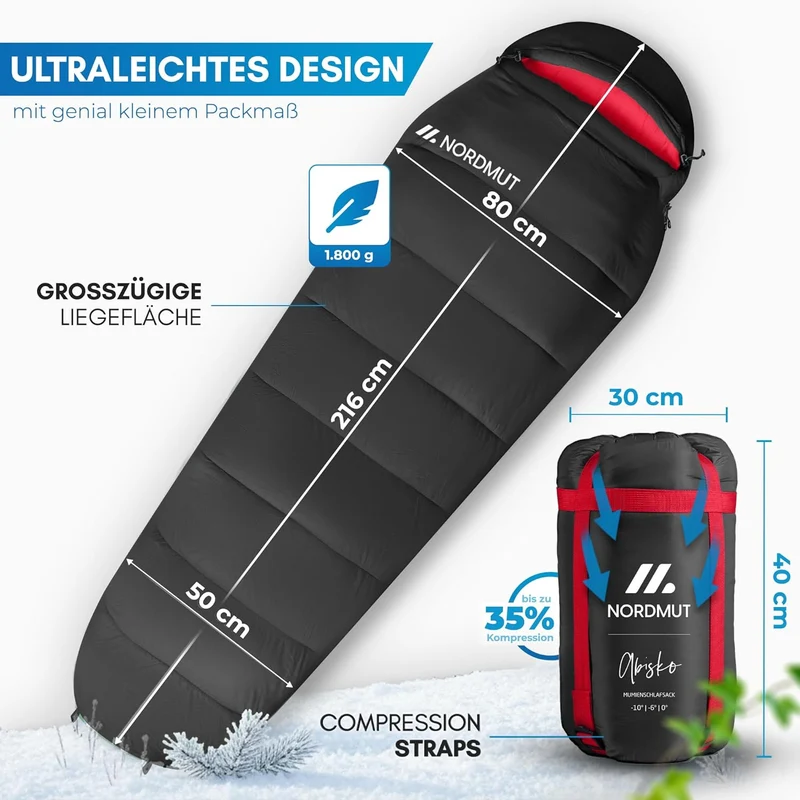 NORDMUT® Schlafsack Winter -10 bis 0 Grad komprimierbar - Winterschlafsack Outdoor für Trekking & Ca