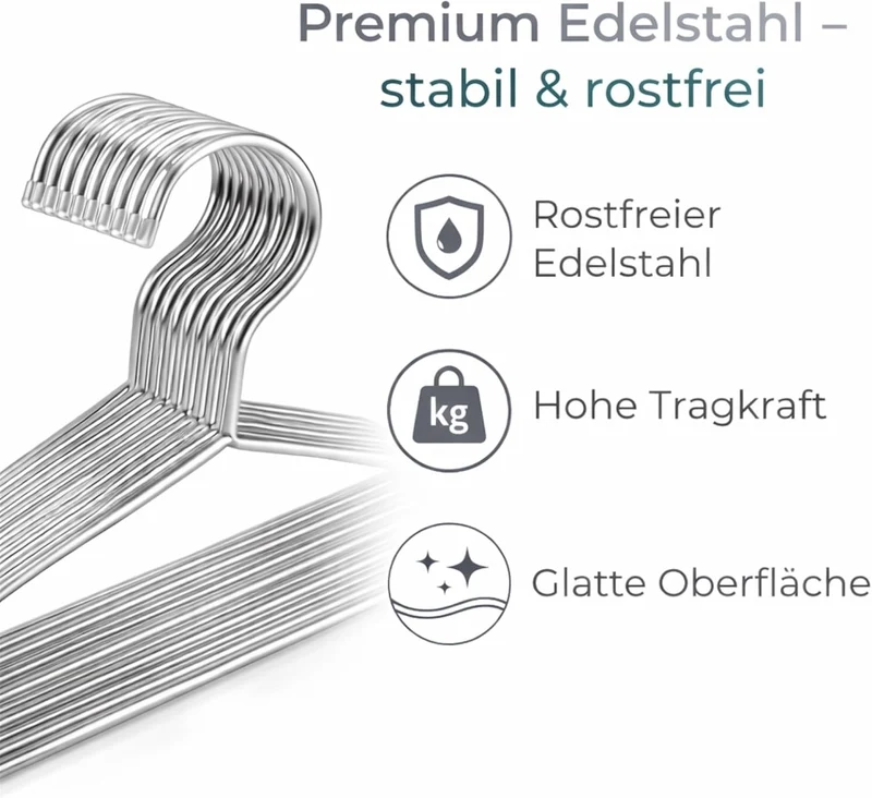 Kleiderbügel aus Edelstahl, 10 Stück, Silber, Rostfrei, Poliert, 42x20 cm, Hohe Tragkraft, Glatte Ob