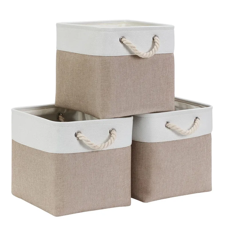 Mangata Stoff Aufbewahrungsbox 30x30x30 cm Faltbar Helles Khaki Weiss 3er Set Helles Khaki Weiss 30c