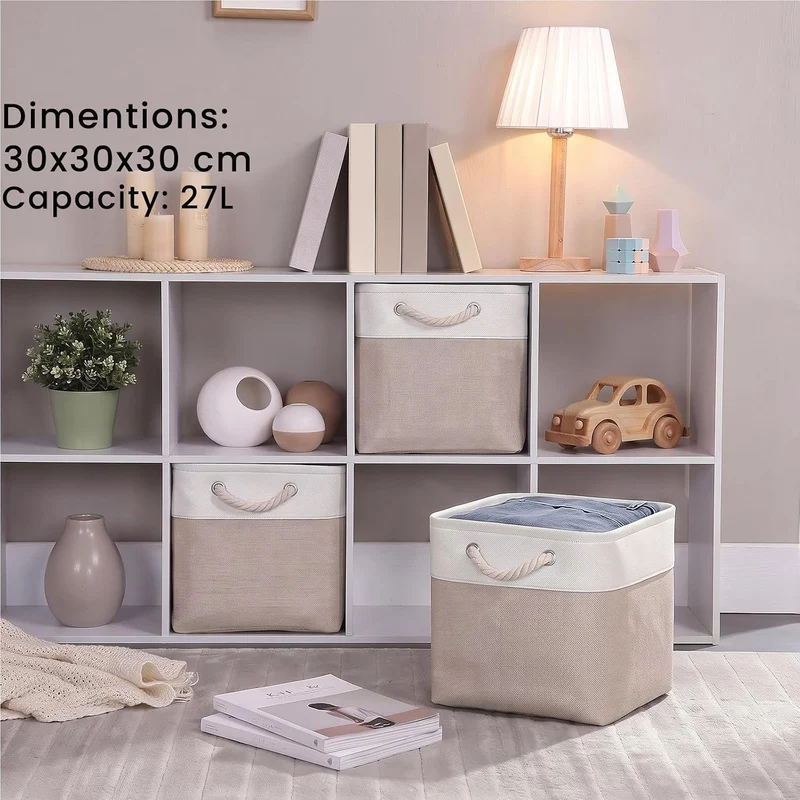 Mangata Stoff Aufbewahrungsbox 30x30x30 cm Faltbar Helles Khaki Weiss 3er Set Helles Khaki Weiss 30c