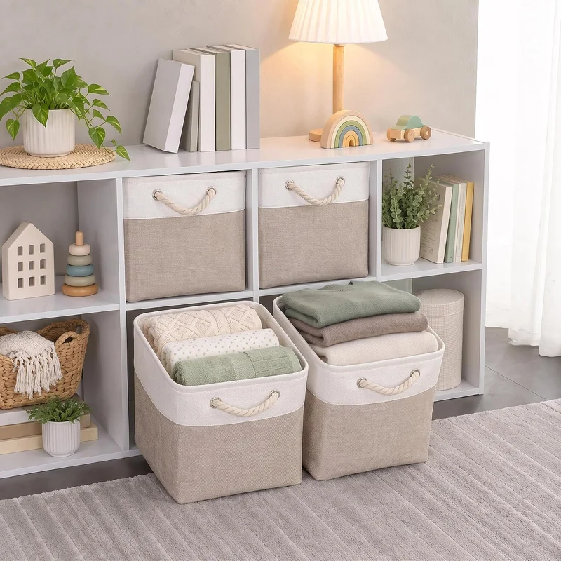 Mangata Stoff Aufbewahrungsbox 30x30x30 cm Faltbar Helles Khaki Weiss 3er Set Helles Khaki Weiss 30c