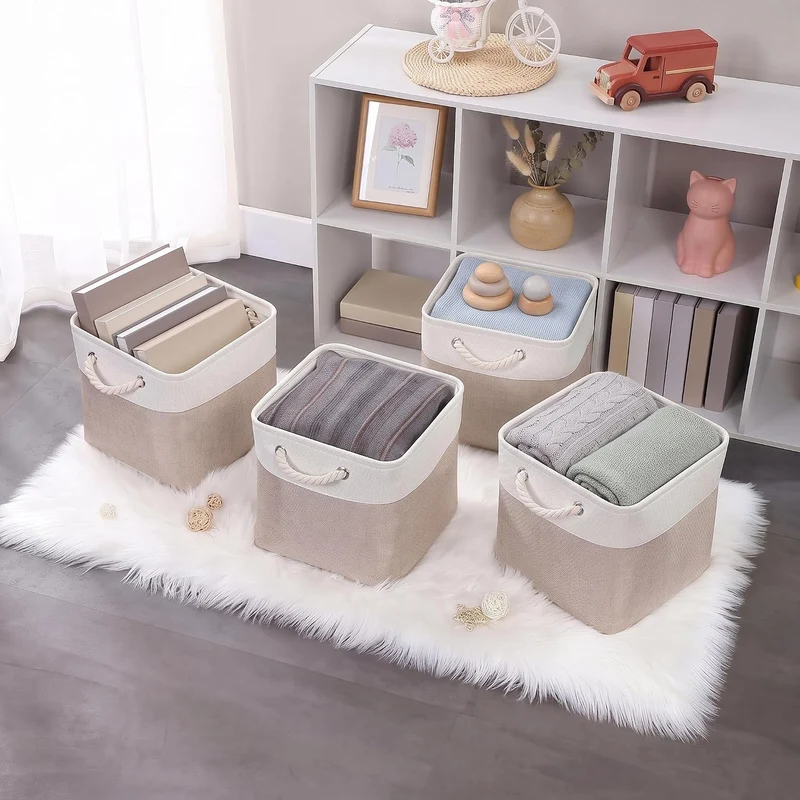 Mangata Stoff Aufbewahrungsbox 30x30x30 cm Faltbar Helles Khaki Weiss 3er Set Helles Khaki Weiss 30c