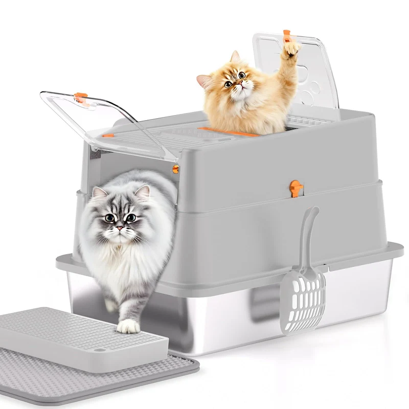 Katzentoilette aus Edelstahl, XXL geschlossene Katzentoilette mit Deckel, leicht zu reinigen, hochse