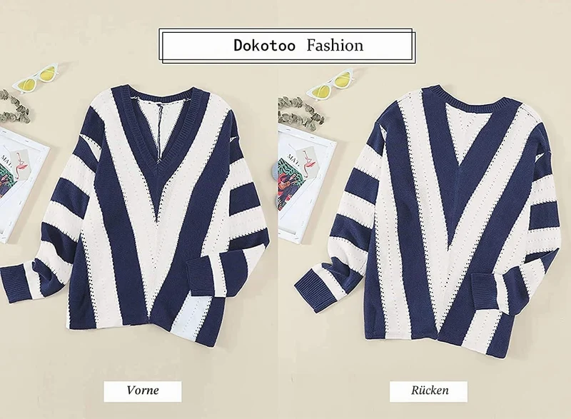 Dokotoo Damen Strickpullover V-Ausschnitt Casual Pullover Warm Oberteil Tops Streifen Sweater Elegan