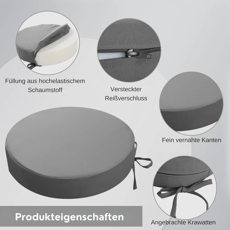 Outdoor Sitzkissen Rund 35x35, 2er Set Wasserdicht, Grau Grau 35 x 35 x 7 cm, Grau 35 x 35 x 7 cm