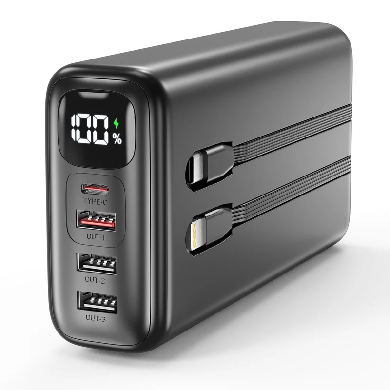 Powerbank 51000mAh, 22,5W Schnellladung Externer Akku integriertem Kabel Schwarz-01, Schwarz-01