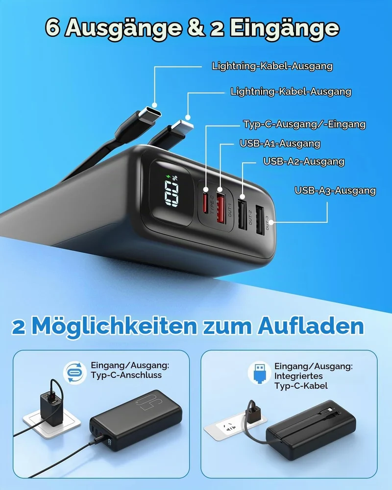 Powerbank 51000mAh, 22,5W Schnellladung Externer Akku integriertem Kabel Schwarz-01, Schwarz-01