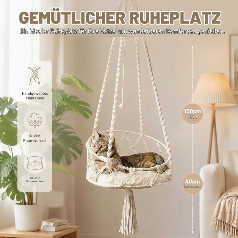 Katzenschaukel, 40cm Katzenschaukel-Hängematte, Boho Makramee Katzenschaukel Hängematte, Katzenschla