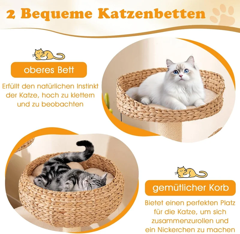 GYMAX Kratzbaum 104 cm, Katzenbaum Rattan mit Korb, Sisalstämme, Hängender Ball & eine Schlinge, Sta