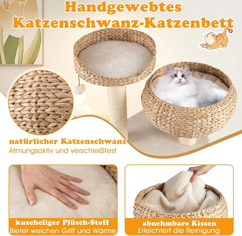 GYMAX Kratzbaum 104 cm, Katzenbaum Rattan mit Korb, Sisalstämme, Hängender Ball & eine Schlinge, Sta