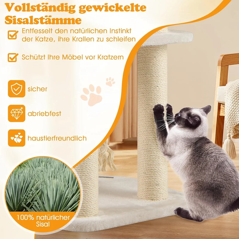 GYMAX Kratzbaum 104 cm, Katzenbaum Rattan mit Korb, Sisalstämme, Hängender Ball & eine Schlinge, Sta