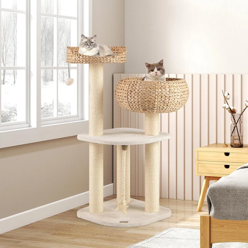 GYMAX Kratzbaum 104 cm, Katzenbaum Rattan mit Korb, Sisalstämme, Hängender Ball & eine Schlinge, Sta