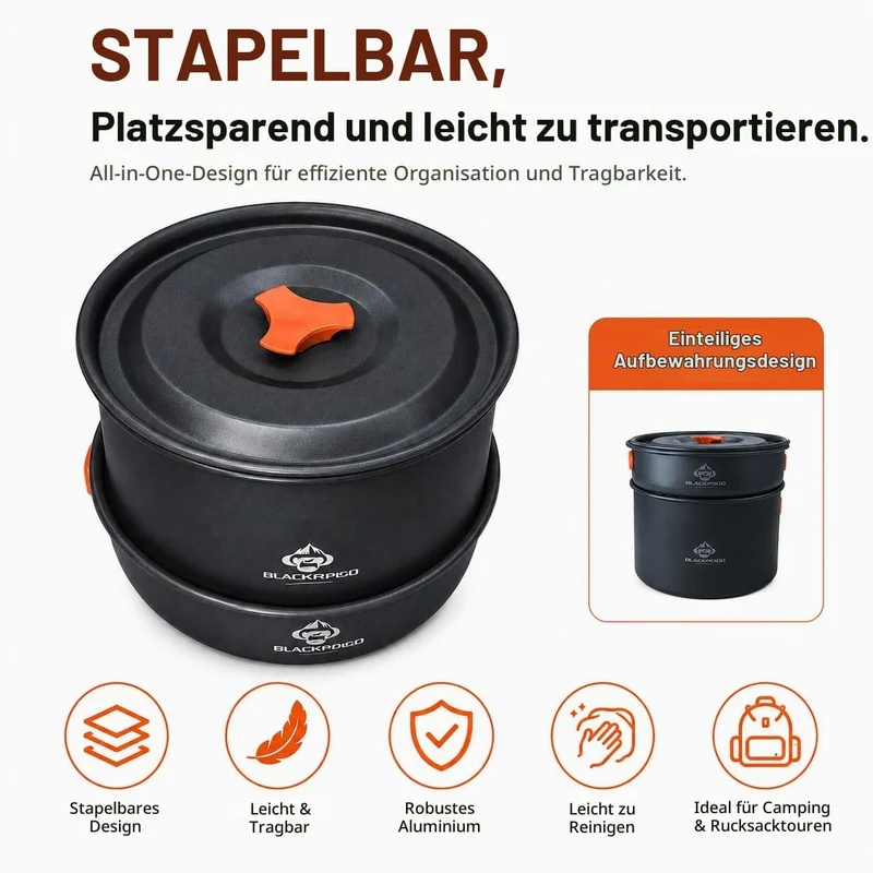 Camping-Kochgeschirr-Set für Rucksackreisen, Camping-Kochset – Camping-Töpfe und Pfannen Set – Campi