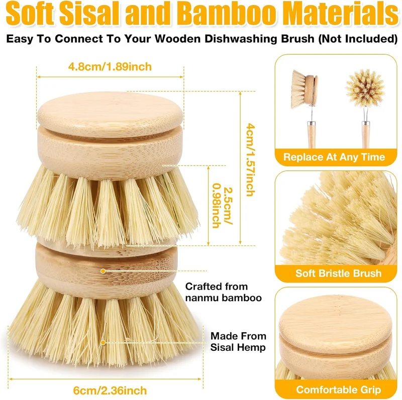 8 Stück Bambus-Spülbürsten, Sisal-Borsten-Ersatzköpfe, Küchen-Öko-Scheuerschwämme, Holz-Spülbürsten,