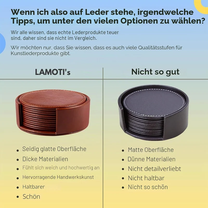 LAMOTI Leder-Untersetzer für Getränke, 10,2 cm, 6 Stück, mit Halterung für Tischschutz, handgefertig